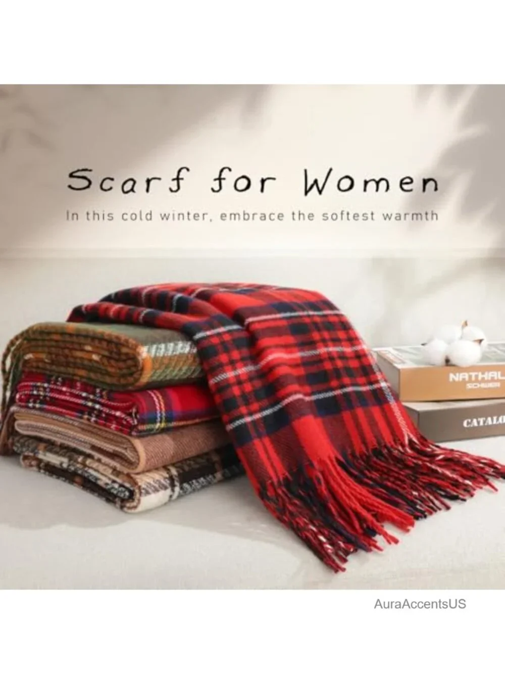 Winter Scarf for Women Cashmere Feel Long Oversized Plaid Fringe